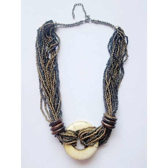 Vintage Tribal Boho Multi-Strand Beaded Necklace Wood Ring Pendant Folk Style - Picture 7 of 9